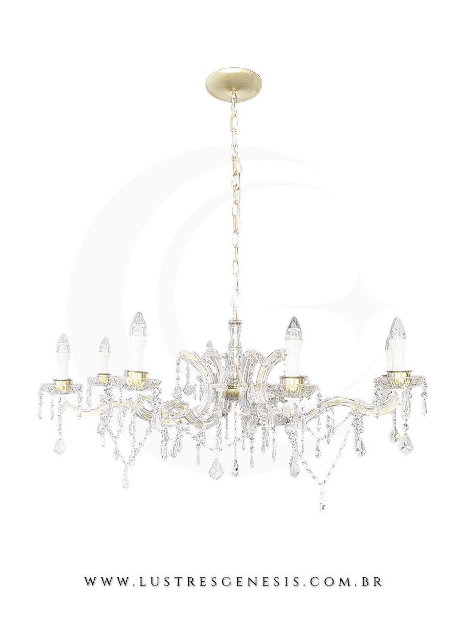 Lustre de Cristal Cl&aacute;ssico Ouro Cristal Transparente 8 Bra&ccedil;os